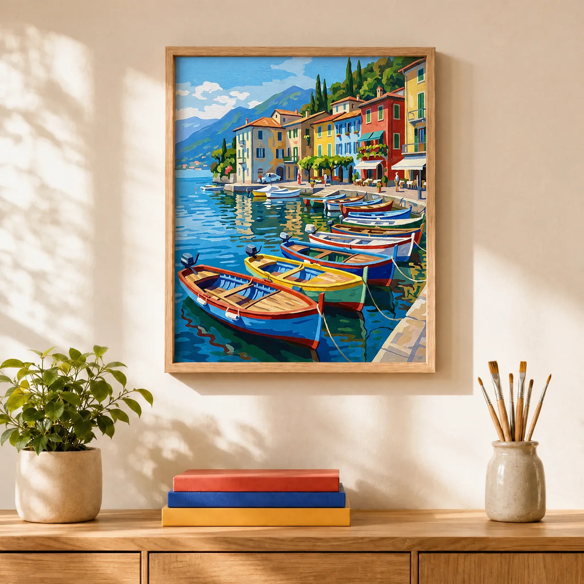 Lakeside Village Paint by Numbers Kit: finished canvas displayed in a living room