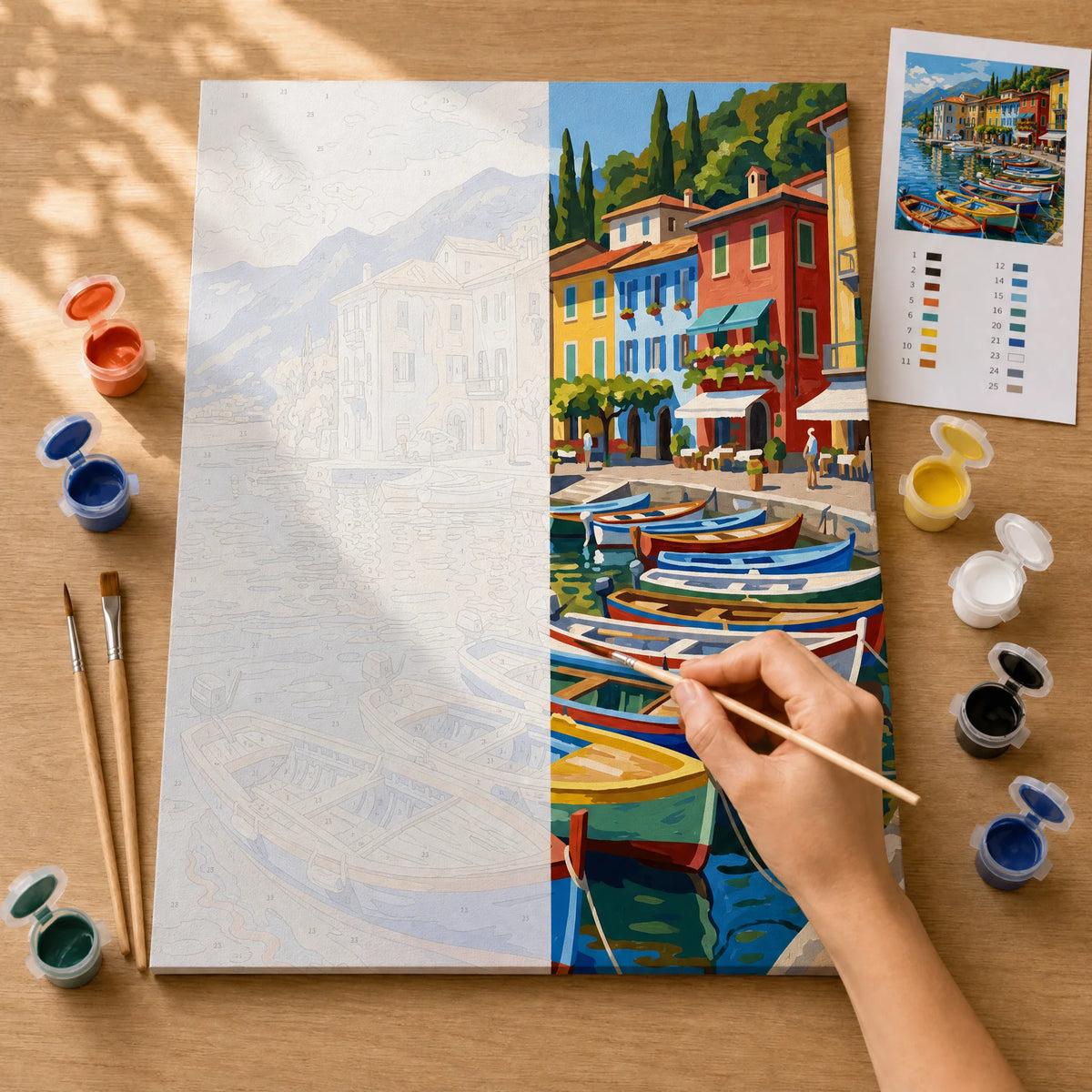 Lakeside Village Paint by Numbers Kit: before and after: numbered canvas and hand painted result