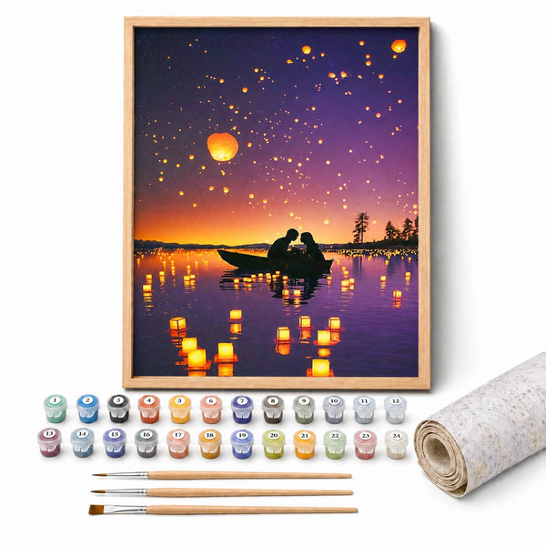 Lantern Night Lovers Paint by Numbers Kit: complete kit with framed artwork, numbered paint pots and brushes