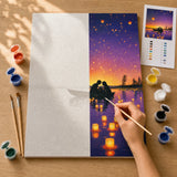 Lantern Night Lovers Paint by Numbers Kit: before and after: numbered canvas and hand painted result