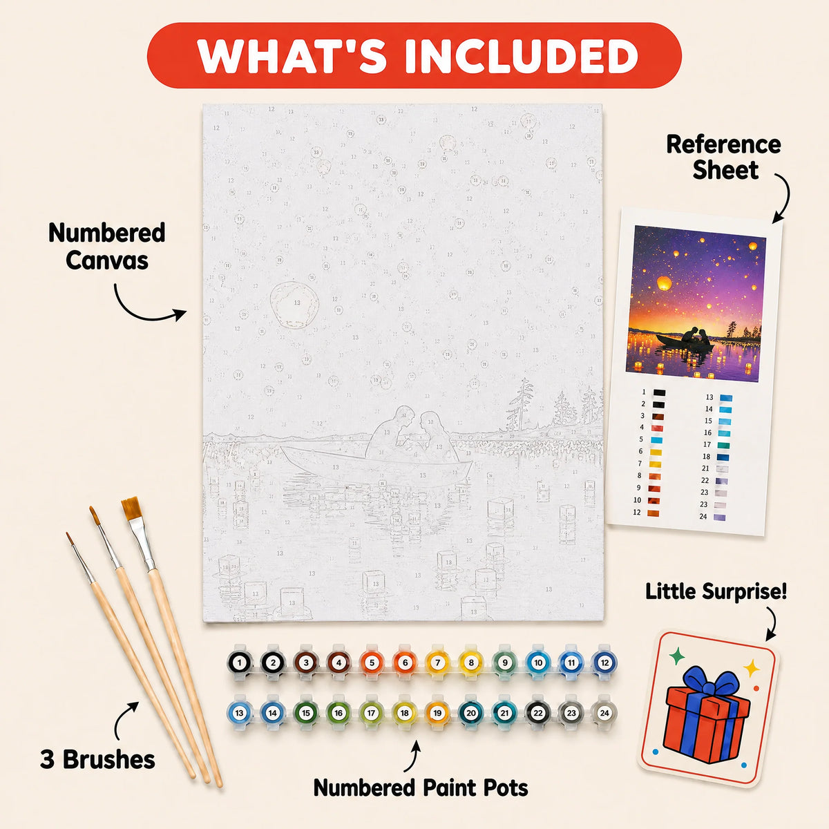 Lantern Night Lovers Paint by Numbers Kit: everything included in the kit