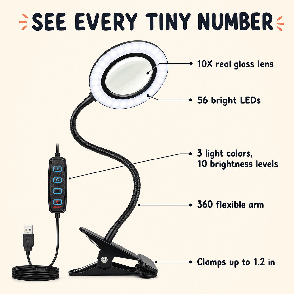 infographic: 10X glass lens, 56 LEDs, 3 light colors, 10 brightness levels, 360 arm | LED Lamp with Clamp for Detail Painting