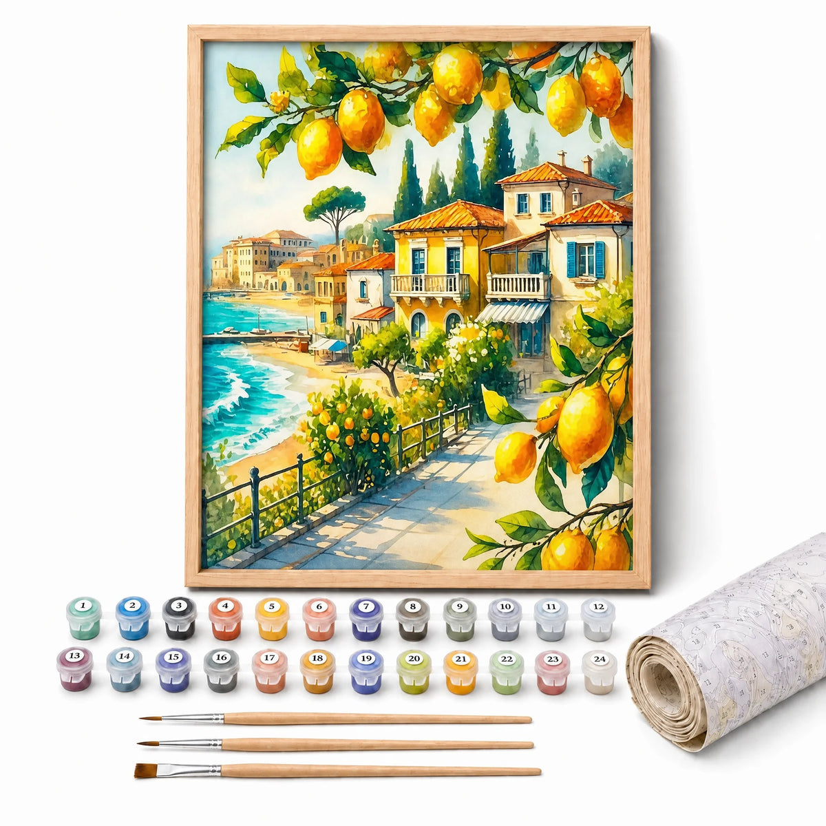 Lemon Riviera Paint by Numbers Kit: complete kit with framed artwork, numbered paint pots and brushes