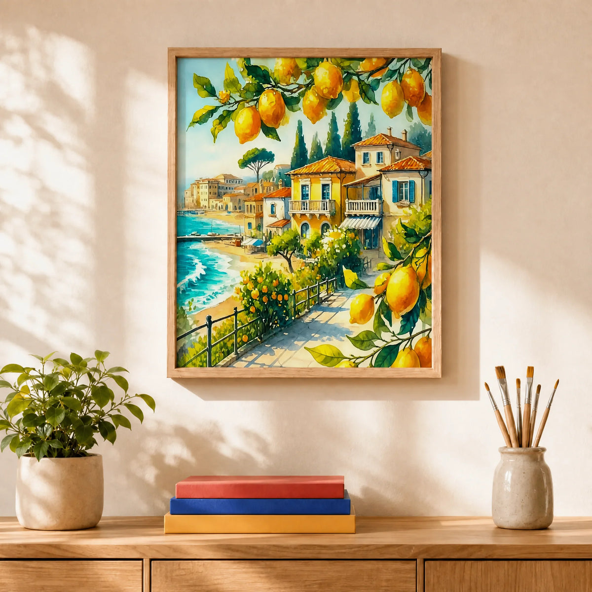 Lemon Riviera Paint by Numbers Kit: finished canvas displayed in a living room