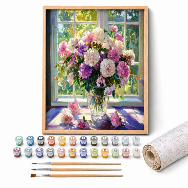 Lilacs by the Window Paint by Numbers Kit: complete kit with framed artwork, numbered paint pots and brushes