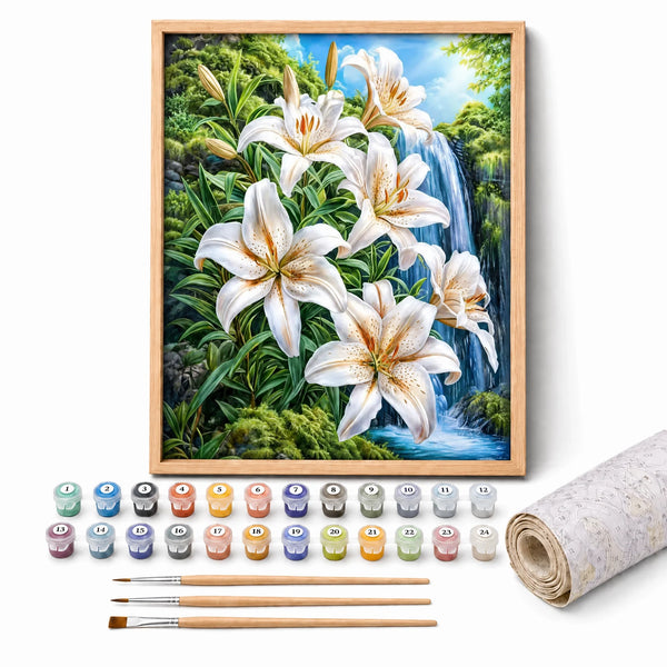Lilies by the Falls Paint by Numbers Kit: complete kit with framed artwork, numbered paint pots and brushes