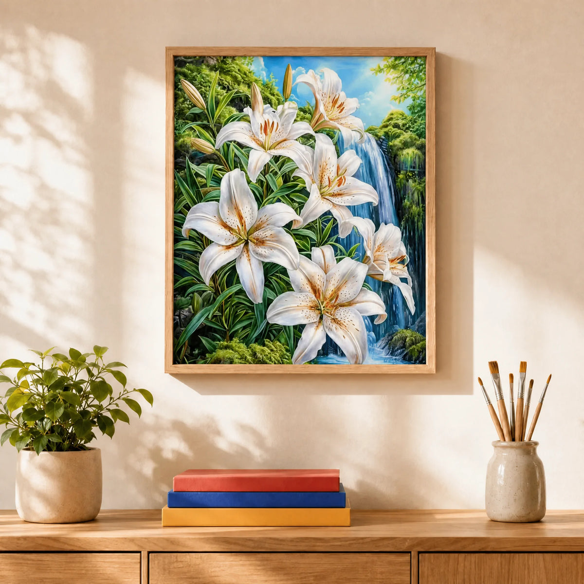 Lilies by the Falls Paint by Numbers Kit: finished canvas displayed in a living room