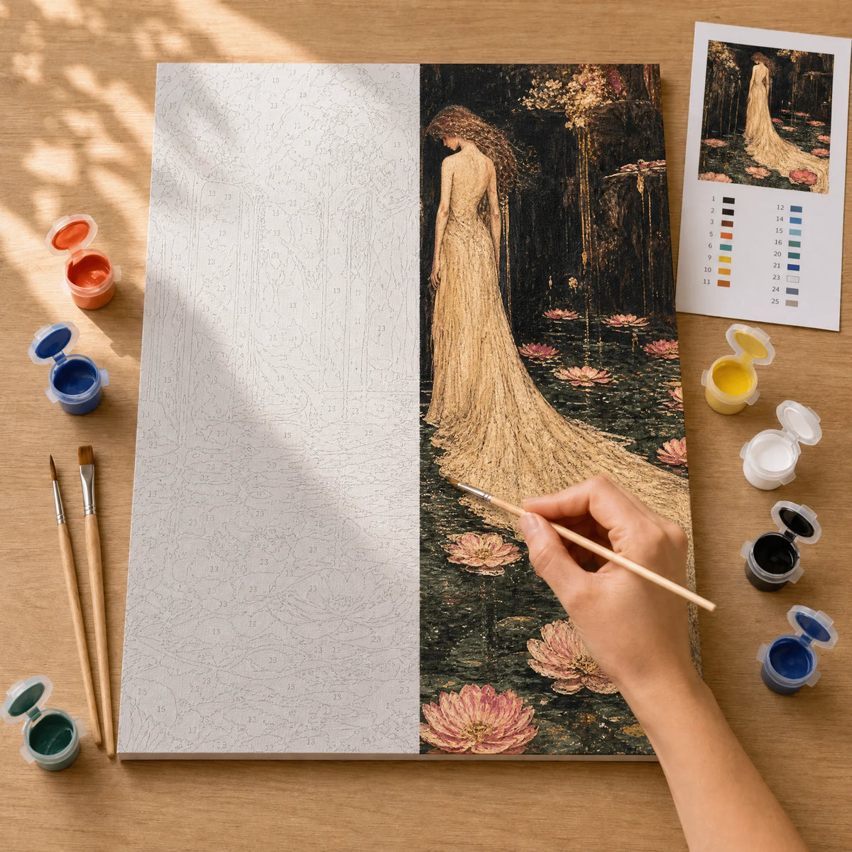 Lily Bride Paint by Numbers Kit: before and after: numbered canvas and hand painted result