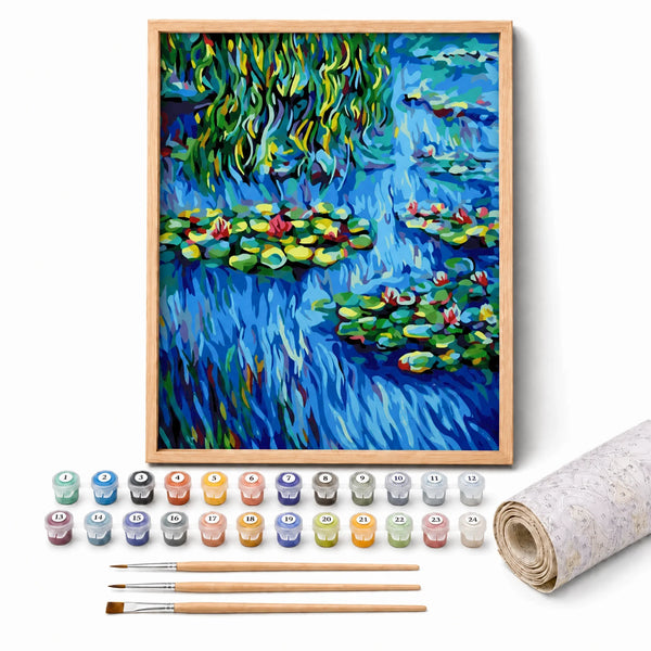 Lily Pond Impressions Paint by Numbers Kit: complete kit with framed artwork, numbered paint pots and brushes