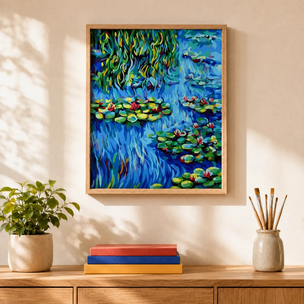 Lily Pond Impressions Paint by Numbers Kit: finished canvas displayed in a living room