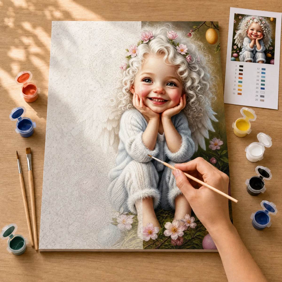 Little Angel Paint by Numbers Kit: before and after: numbered canvas and hand painted result