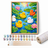 Little Ducks Pond Paint by Numbers Kit: complete kit with framed artwork, numbered paint pots and brushes