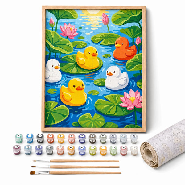 Little Ducks Pond Paint by Numbers Kit: complete kit with framed artwork, numbered paint pots and brushes