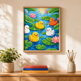 Little Ducks Pond Paint by Numbers Kit: finished canvas displayed in a living room