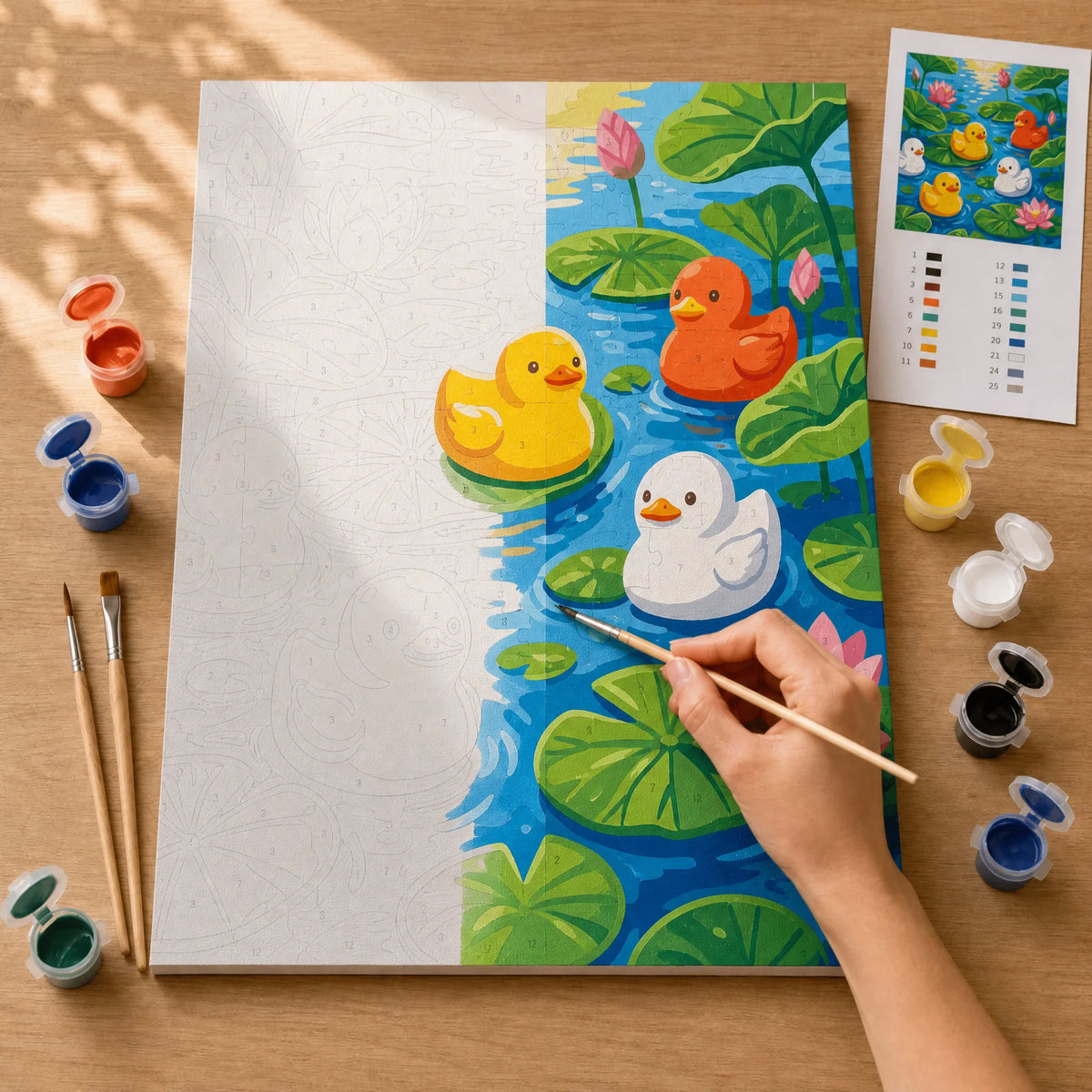 Little Ducks Pond Paint by Numbers Kit: before and after: numbered canvas and hand painted result