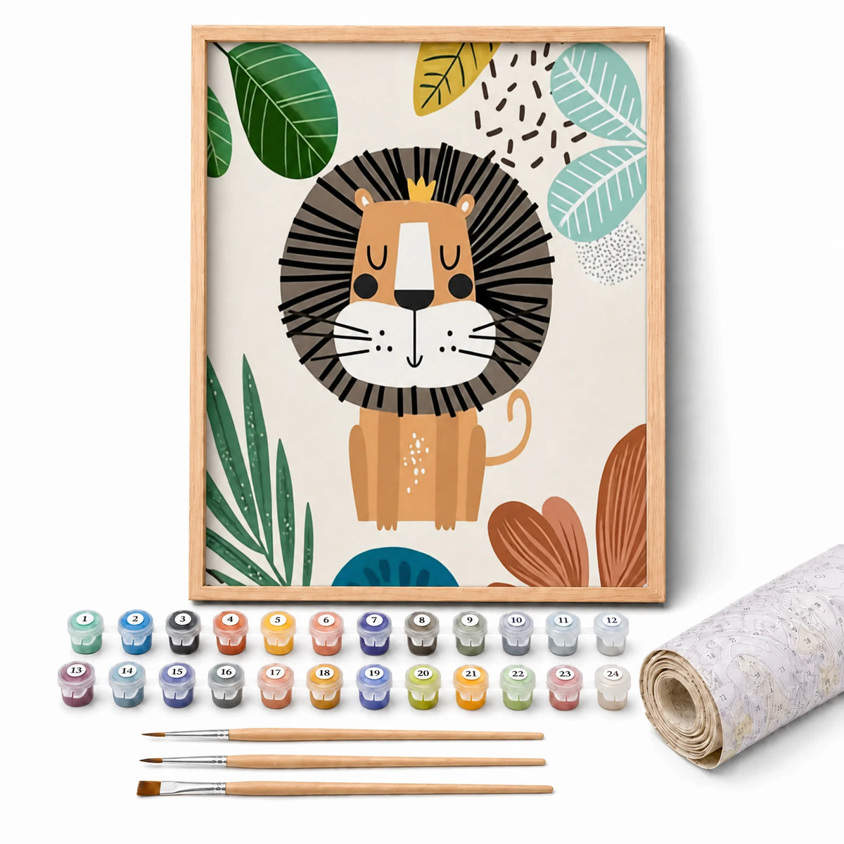 Little Lion Paint by Numbers Kit: complete kit with framed artwork, numbered paint pots and brushes