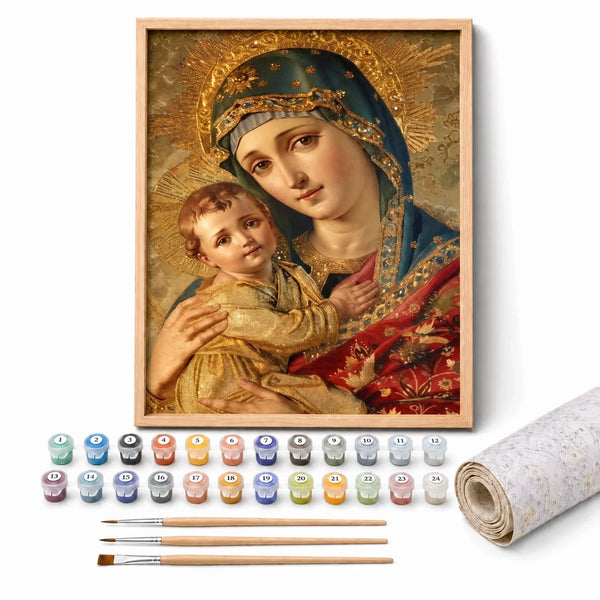 Madonna and Child Paint by Numbers Kit: complete kit with framed artwork, numbered paint pots and brushes