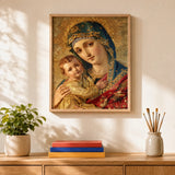 Madonna and Child Paint by Numbers Kit: finished canvas displayed in a living room