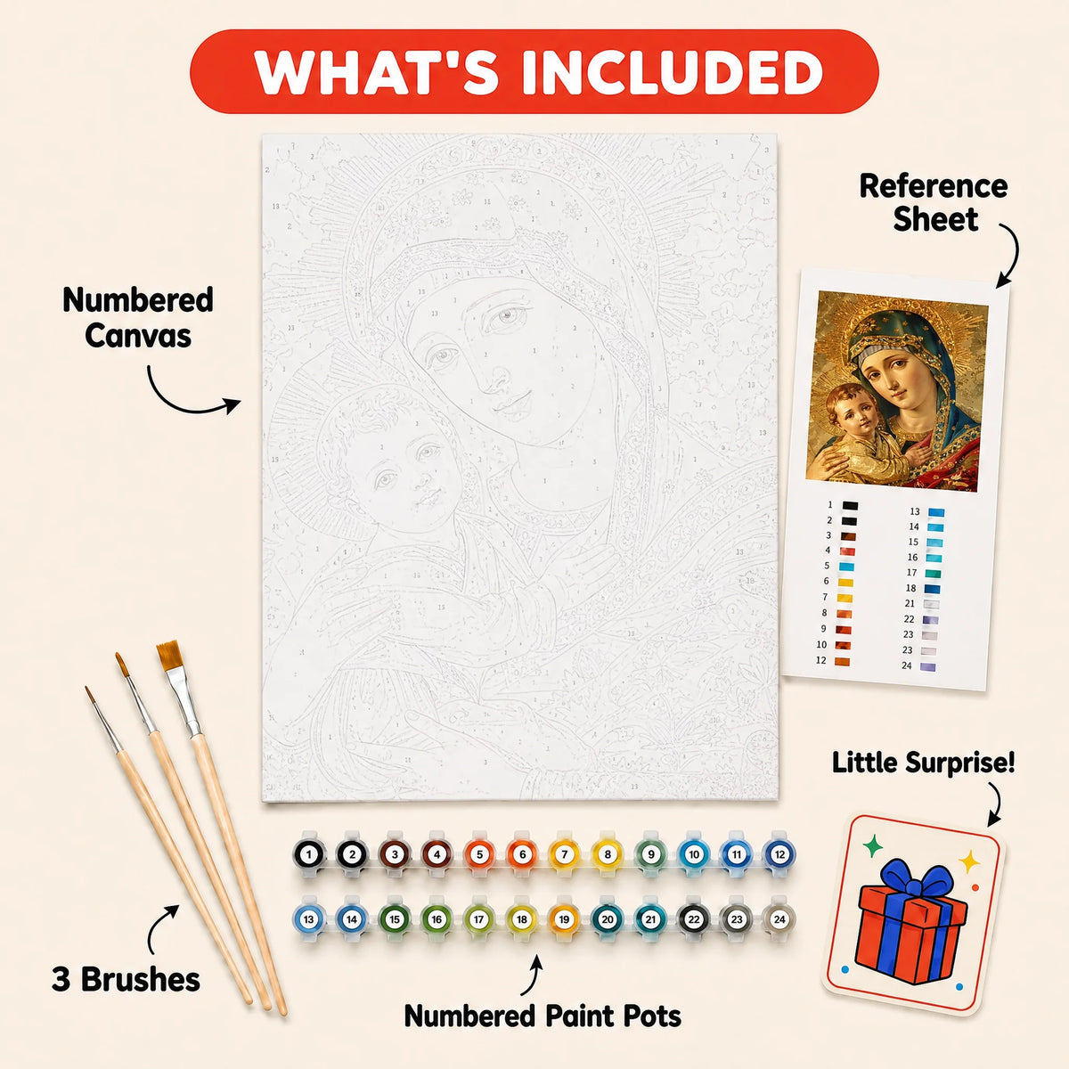 Madonna and Child Paint by Numbers Kit: everything included in the kit