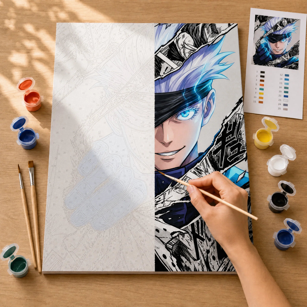 Manga Sorcerer Paint by Numbers Kit: before and after: numbered canvas and hand painted result