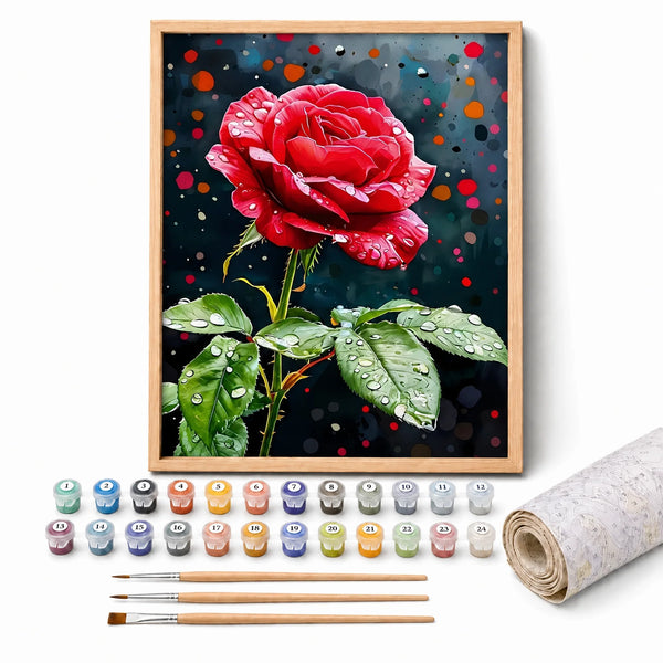 Midnight Rose Paint by Numbers Kit: complete kit with framed artwork, numbered paint pots and brushes