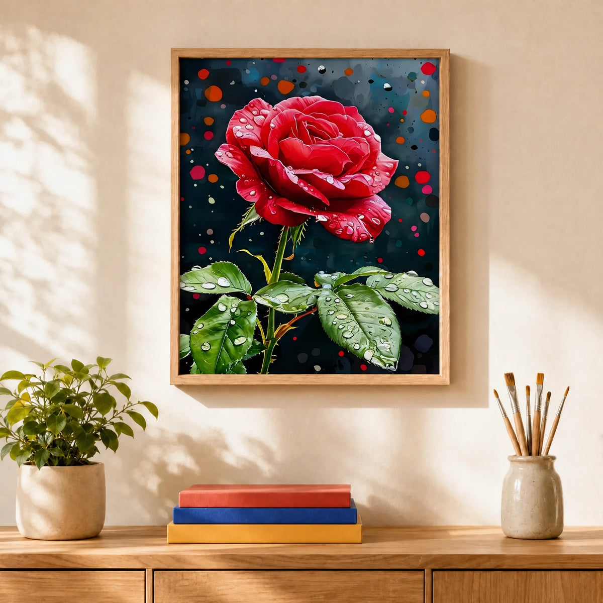 Midnight Rose Paint by Numbers Kit: finished canvas displayed in a living room