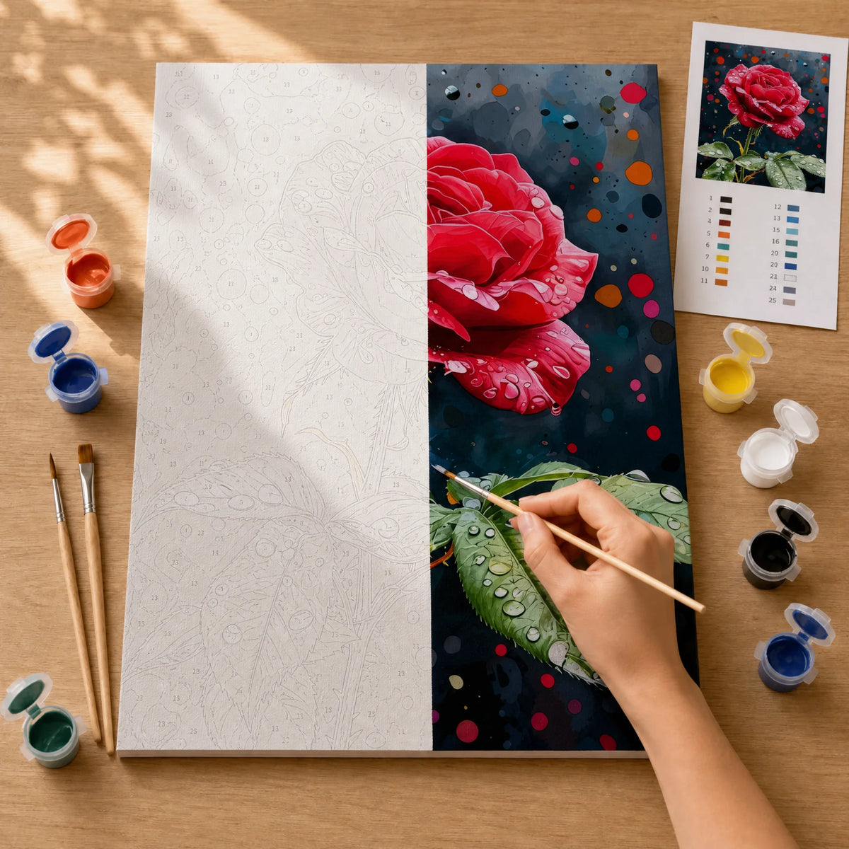 Midnight Rose Paint by Numbers Kit: before and after: numbered canvas and hand painted result