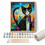 Moon Cat Mosaic Paint by Numbers Kit: complete kit with framed artwork, numbered paint pots and brushes