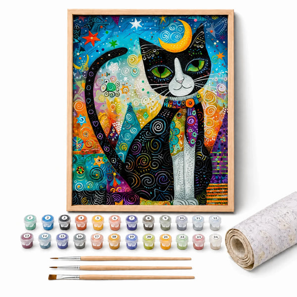 Moon Cat Mosaic Paint by Numbers Kit: complete kit with framed artwork, numbered paint pots and brushes