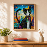 Moon Cat Mosaic Paint by Numbers Kit: finished canvas displayed in a living room