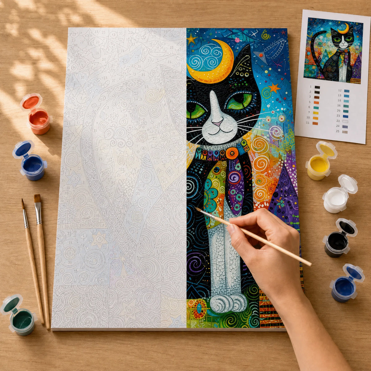 Moon Cat Mosaic Paint by Numbers Kit: before and after: numbered canvas and hand painted result