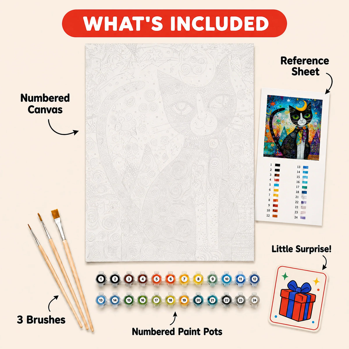 Moon Cat Mosaic Paint by Numbers Kit: everything included in the kit