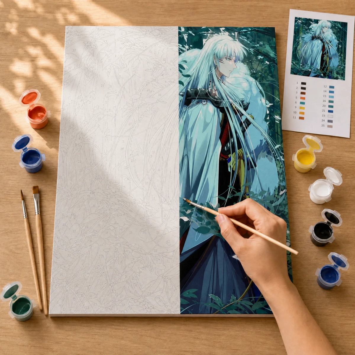 Moon Prince Paint by Numbers Kit: before and after: numbered canvas and hand painted result