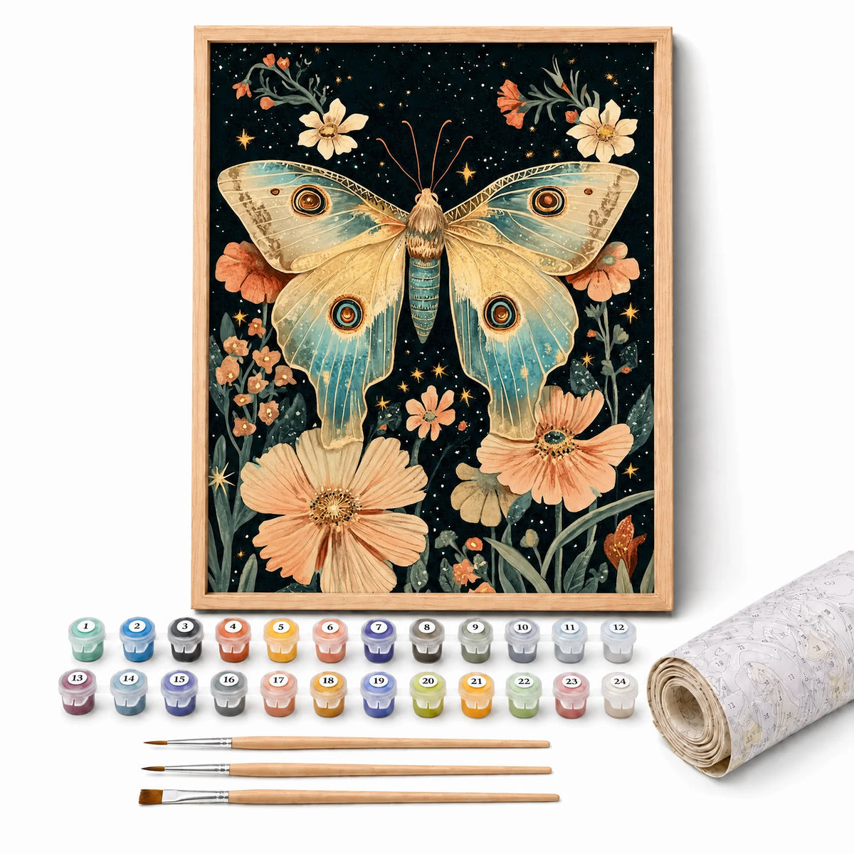 Moonlit Moth Paint by Numbers Kit: complete kit with framed artwork, numbered paint pots and brushes