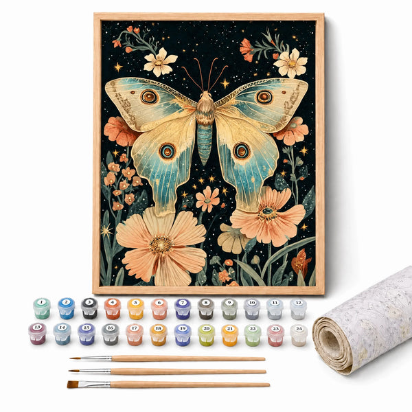 Moonlit Moth Paint by Numbers Kit: complete kit with framed artwork, numbered paint pots and brushes