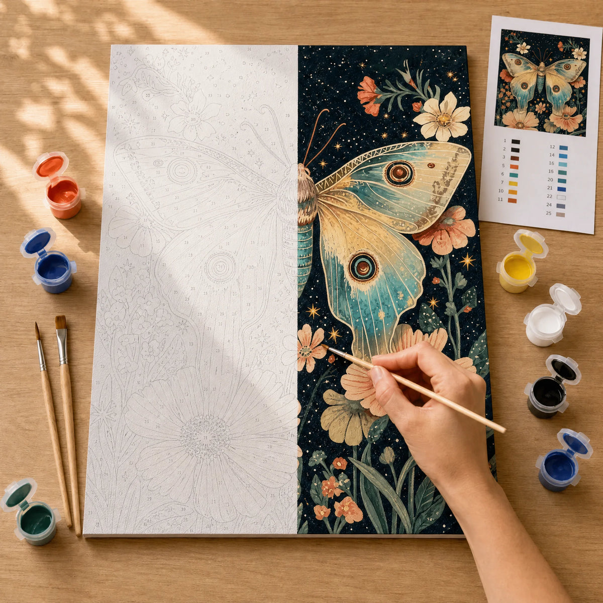 Moonlit Moth Paint by Numbers Kit: before and after: numbered canvas and hand painted result