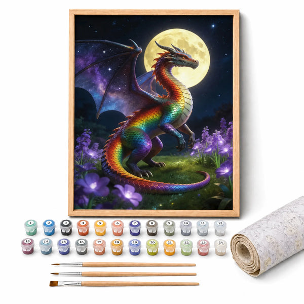 Moonlit Rainbow Dragon Paint by Numbers Kit: complete kit with framed artwork, numbered paint pots and brushes