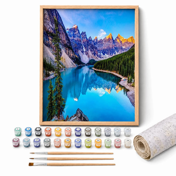 Moraine Lake Morning Paint by Numbers Kit: complete kit with framed artwork, numbered paint pots and brushes