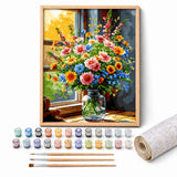 Morning Bouquet Paint by Numbers Kit: complete kit with framed artwork, numbered paint pots and brushes
