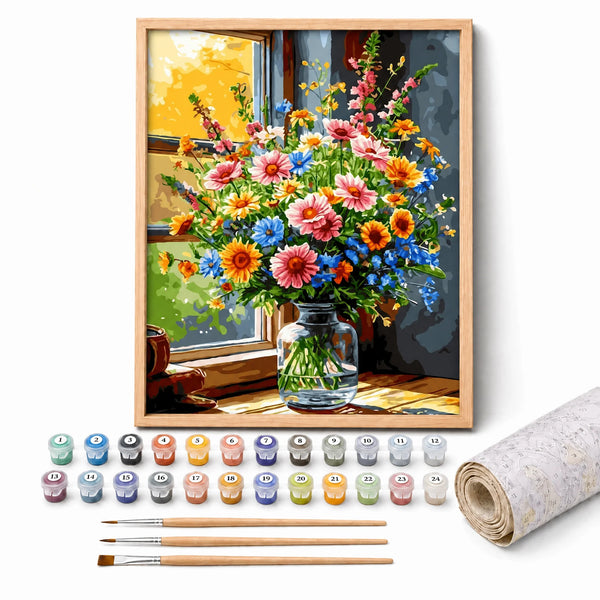 Morning Bouquet Paint by Numbers Kit: complete kit with framed artwork, numbered paint pots and brushes