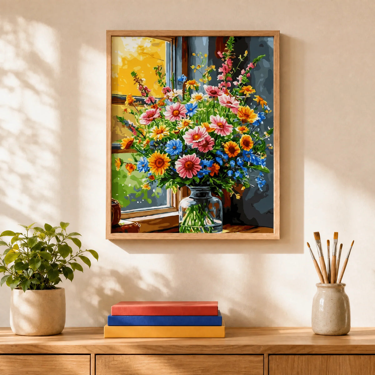 Morning Bouquet Paint by Numbers Kit: finished canvas displayed in a living room