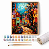 Mosaic Village Night Paint by Numbers Kit: complete kit with framed artwork, numbered paint pots and brushes