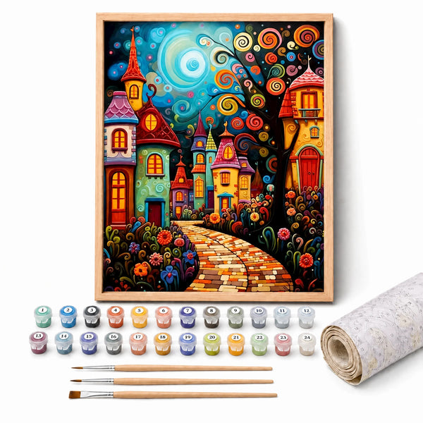 Mosaic Village Night Paint by Numbers Kit: complete kit with framed artwork, numbered paint pots and brushes