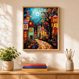 Mosaic Village Night Paint by Numbers Kit: finished canvas displayed in a living room