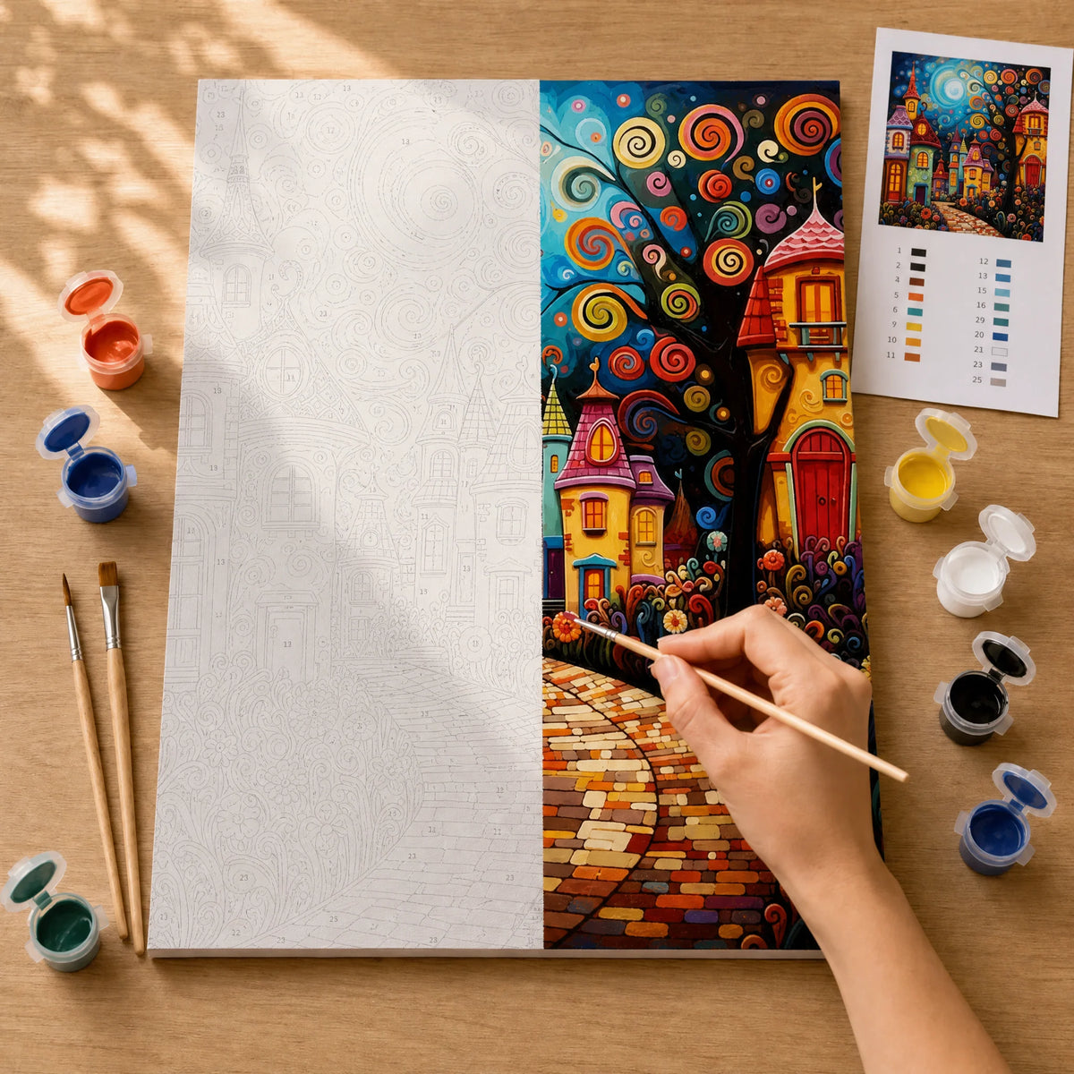 Mosaic Village Night Paint by Numbers Kit: before and after: numbered canvas and hand painted result
