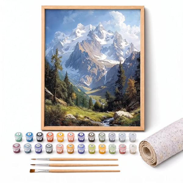 Mountain Stream Paint by Numbers Kit: complete kit with framed artwork, numbered paint pots and brushes