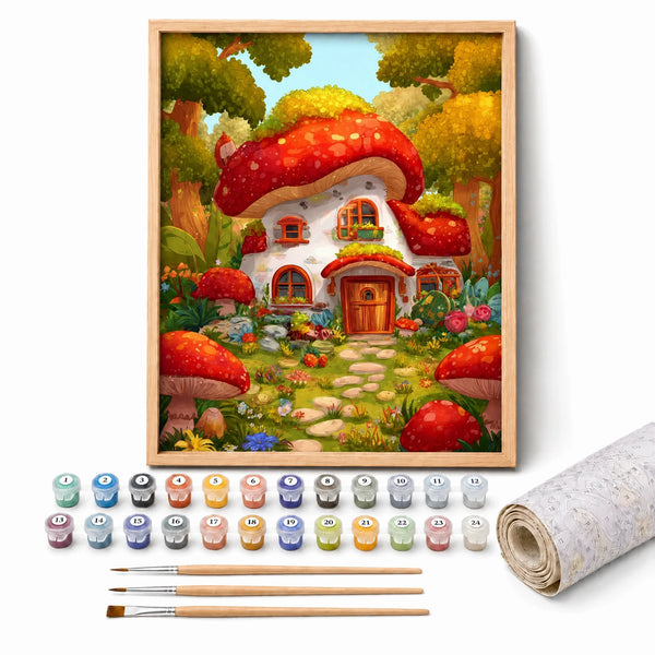 Mushroom Fairy Cottage Paint by Numbers Kit: complete kit with framed artwork, numbered paint pots and brushes