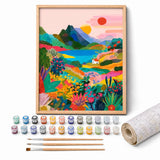 Naive Sunrise Hills Paint by Numbers Kit: complete kit with framed artwork, numbered paint pots and brushes