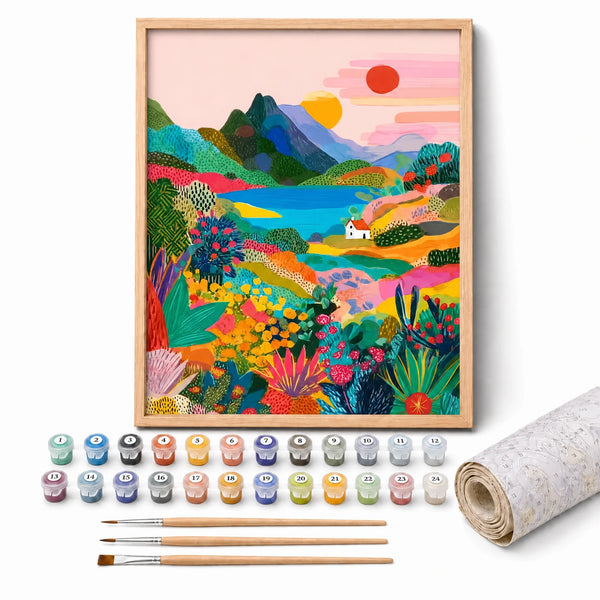 Naive Sunrise Hills Paint by Numbers Kit: complete kit with framed artwork, numbered paint pots and brushes