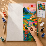 Naive Sunrise Hills Paint by Numbers Kit: before and after: numbered canvas and hand painted result